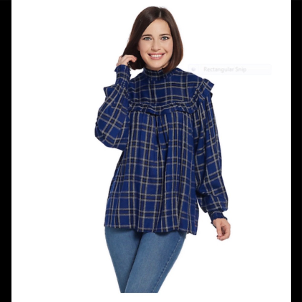 Peace Love World “As Is” Blue Plaid Long Sleeve Blouse with Smocking Details